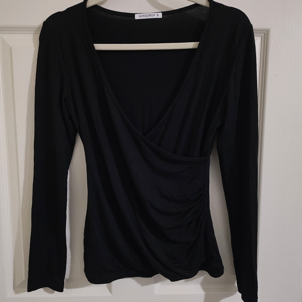Elegant Black V-Neck Wrap Blouse